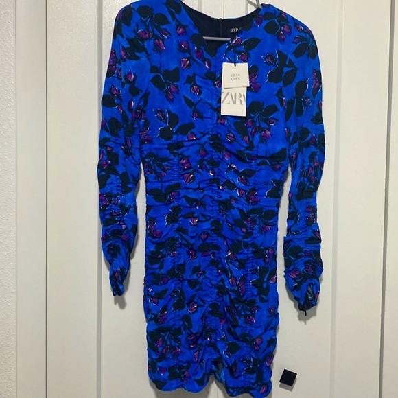 NWT Zara Dress Zara Ruched Long Sleeve Mini Dress Floral |Size XS - Picture 8 of 14